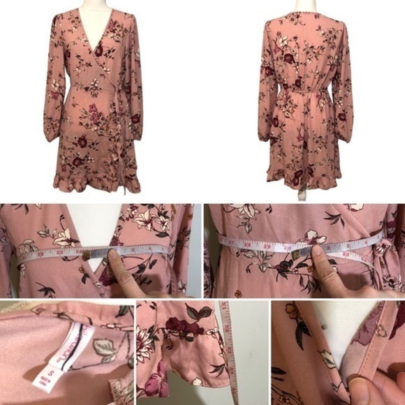 NWOT Pink Floral Faux Wrap Long Sleeve Dress New - Picture 8 of 16